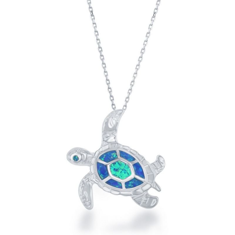 Opalata Sterling Silver, Blue Inlay Opal Turtle 18" Pendant Necklace - Blue