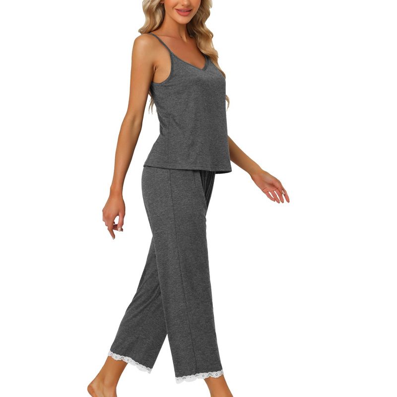 cheibear Women's Soft Cami Sleeveless Top and Capri Lace Trim Pants Summer Pajama Set Small Gray