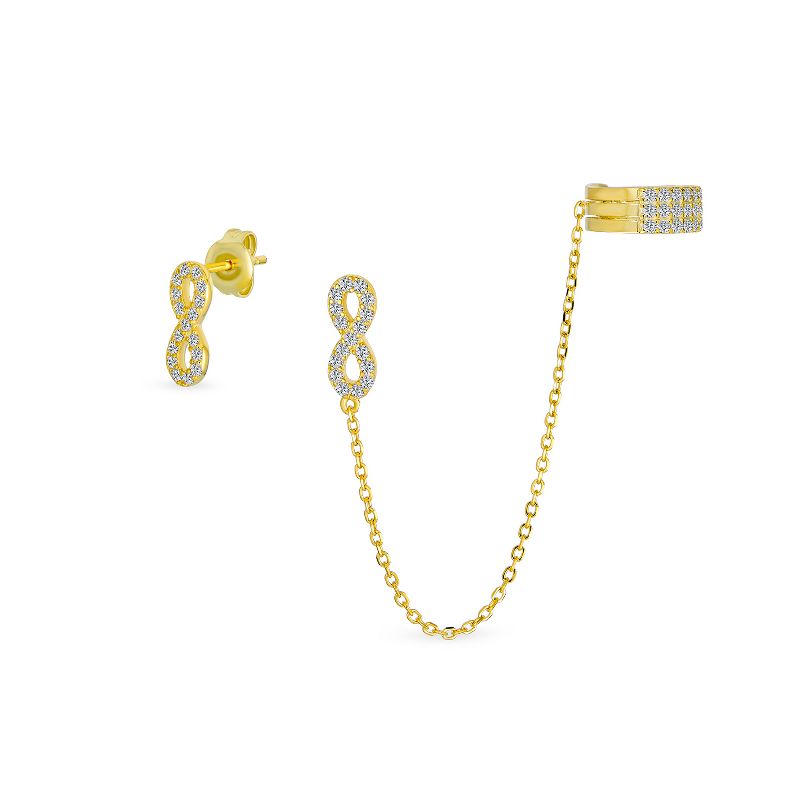 Bling Jewelry Love Symbol Ear Cuff Cartilage Threader Wrap Infinity Earring CZ Stud Set Gold Color - Gold