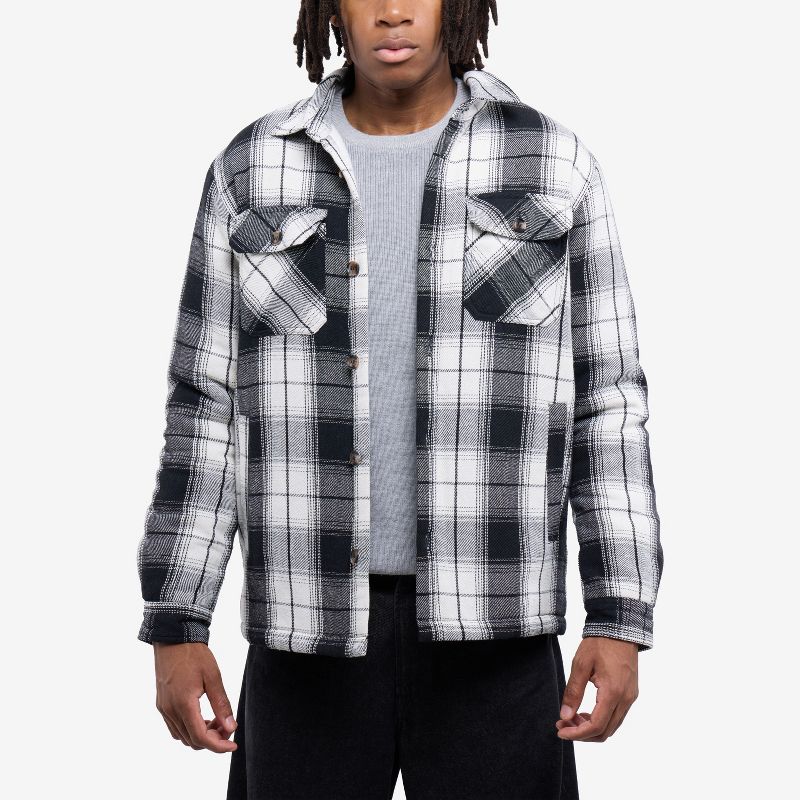 X RAY Men's Cotton Plaid Flannel Shirt Jacket With Faux Shearling Lining in WHITE/BLACK Size S