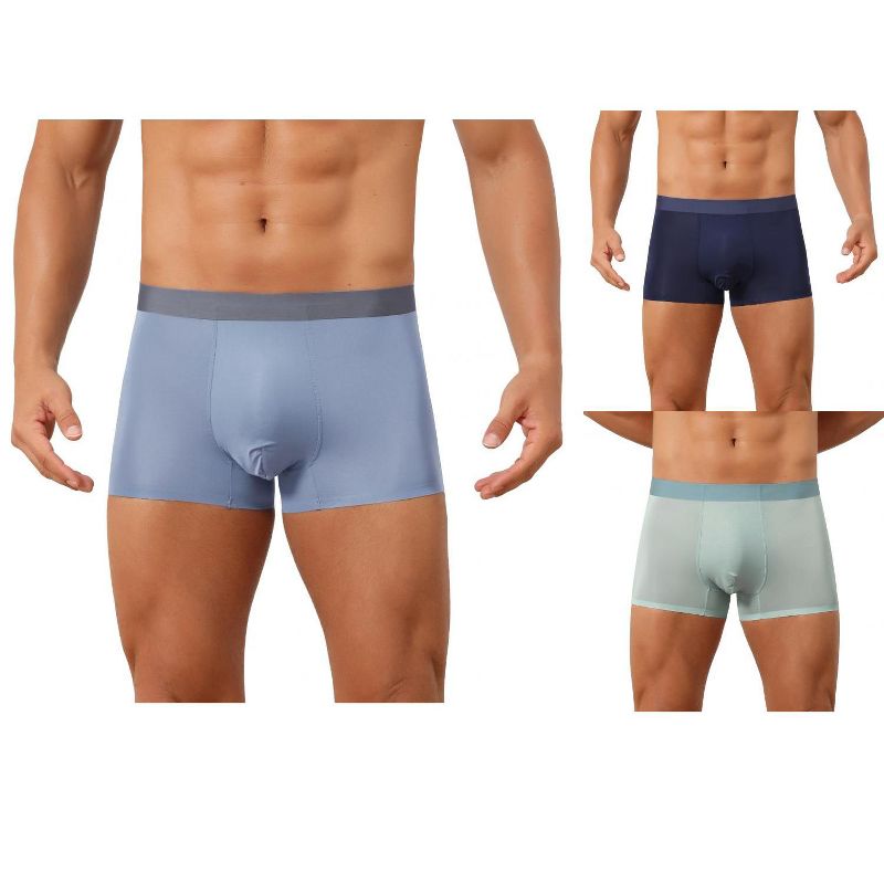 INSPIRE CHIC Men's Solid Color Elastic Waistband Lightweight Breathable Boxer Brief 3 Packs 1 Dark Blue 1 Light Blue 1 Light Green 32