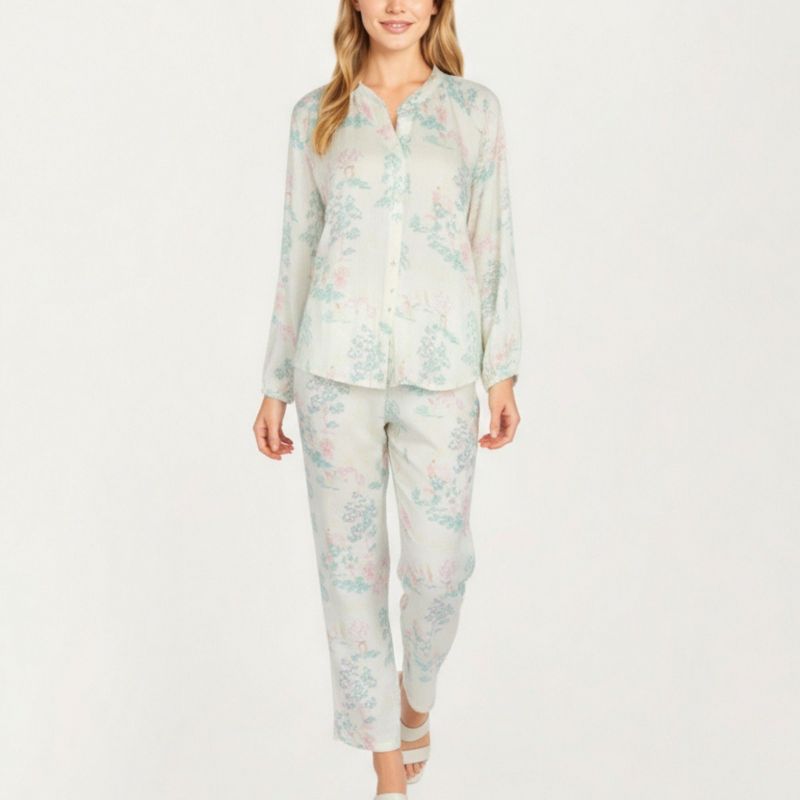 Anna-Kaci Lounge Women's 2-Piece Set Long Sleeve Button Front Top and Relaxed Fit Pants Pajama Set with Pastel Print - Small, Light Beige