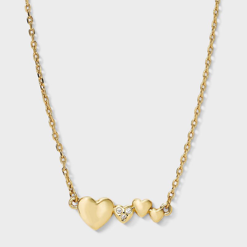14k Gold Dipped Cubic Zirconia Multi-Heart Bar Necklace with Extender 1pc