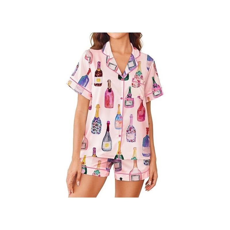 SHESHOW Pajama Sets for Women 2 Piece Pjs Button Down Short Sleeve Loungewear Set Bottle Wine Bottle XS