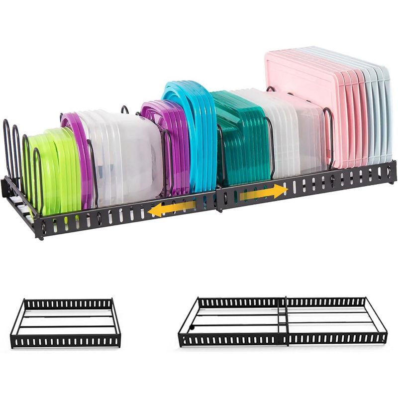 Black Expandable Food Container Lid Organizer - 8 Dividers 10.2" Wide Kitchen Cabinet Drawer Storage