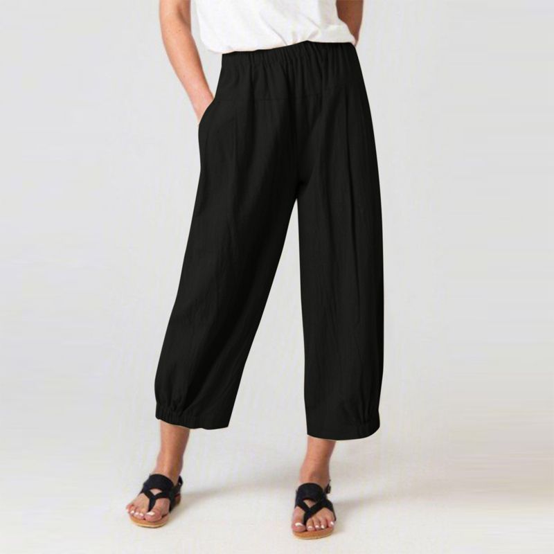 Linen Pants Women Wide Leg Palazzo Summer Flowy Pants Beach Vacation Clothes Elastic Waist Travel Trousers with Pockets M black