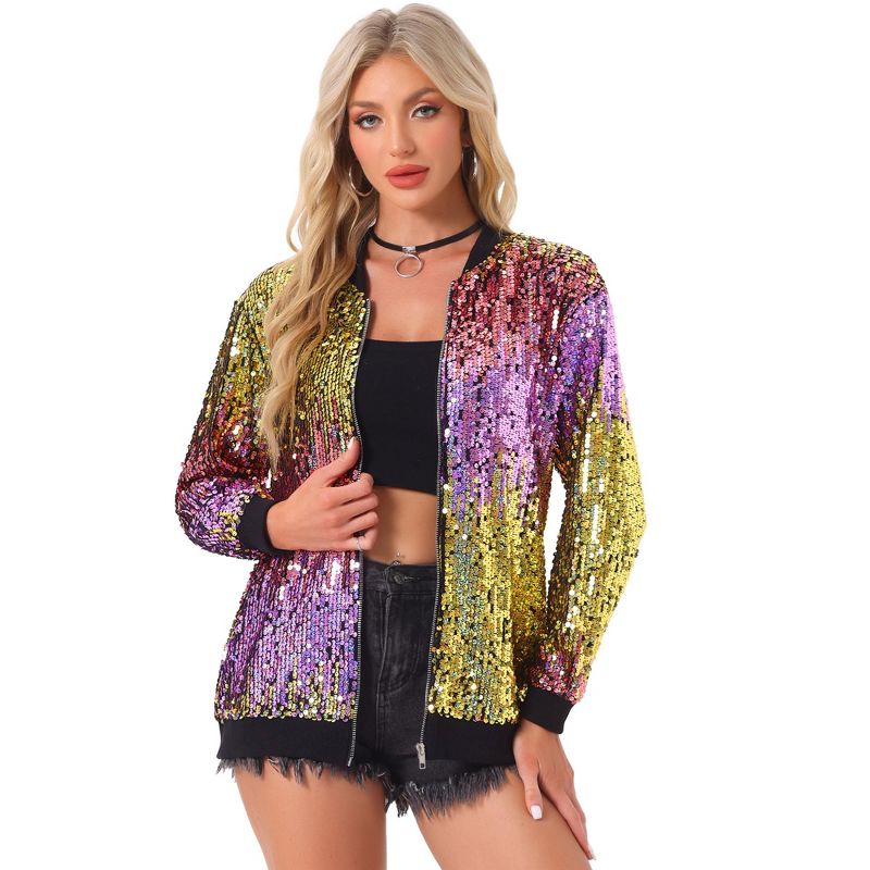 Allegra K Women's Sequined Shiny Long Sleeve Party Zipper Bomber Jacket Pink Yellow Medium