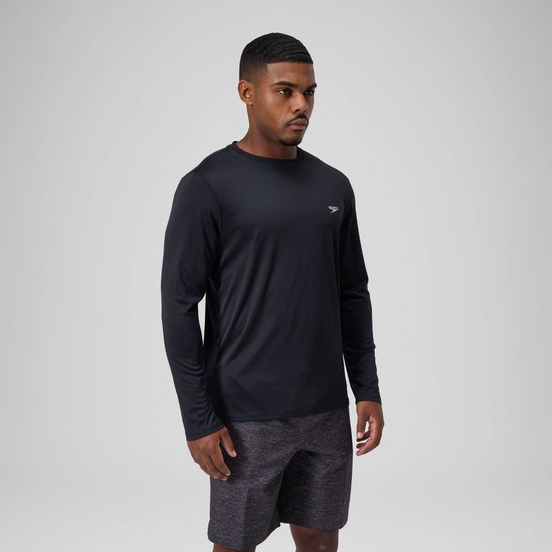 Men's Speedo Rash Guard Top - Black L: Polyester Pullover, Plain Back, Solid Pattern, UPF 50+, Machine Washable