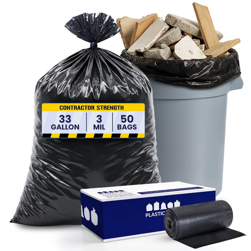 Plasticplace 32-33 Gallon Contractor Bags, Black (50 Count)