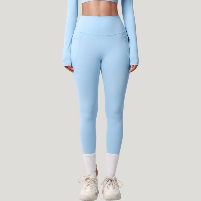 Anna-Kaci Active Women's High Waist Full Length Leggings with Side Pockets and Wide Waistband - Medium, Light Blue