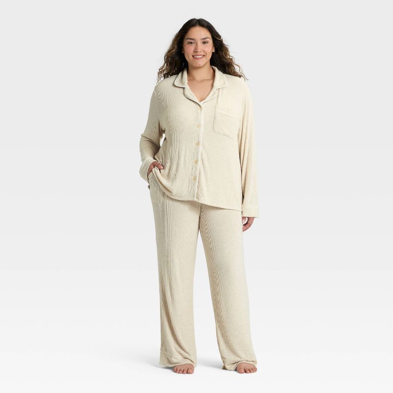 Women's Cozy Ribbed Notch Collar Long Sleeve Shirt and Pants Pajama Set - Auden™ Oatmeal 2X