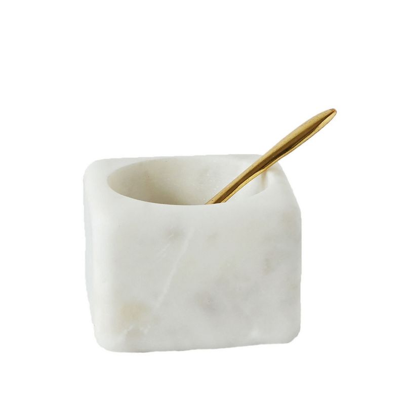 Storied Home Square Marble Bowl with Brass Spoon, White