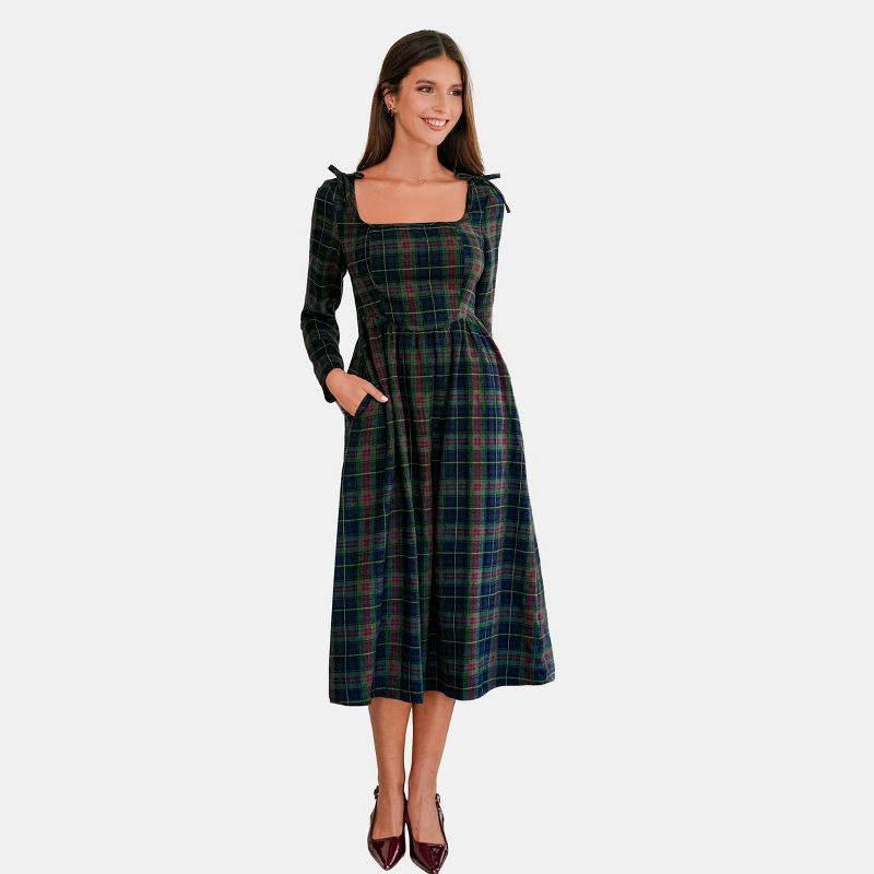 Women's Elegant Tartan Plaid Midi Dress with Puff Sleeves - Cupshe-M-Green