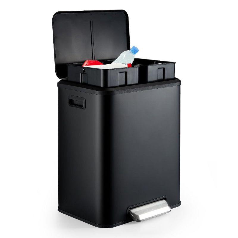 30L/8 Gal Trash Can, 2 x 4 Gal Stainless Steel Doul Trash Can with Recycling Bin, Soft-Close Lid, Step-On Garbage Bin, Black