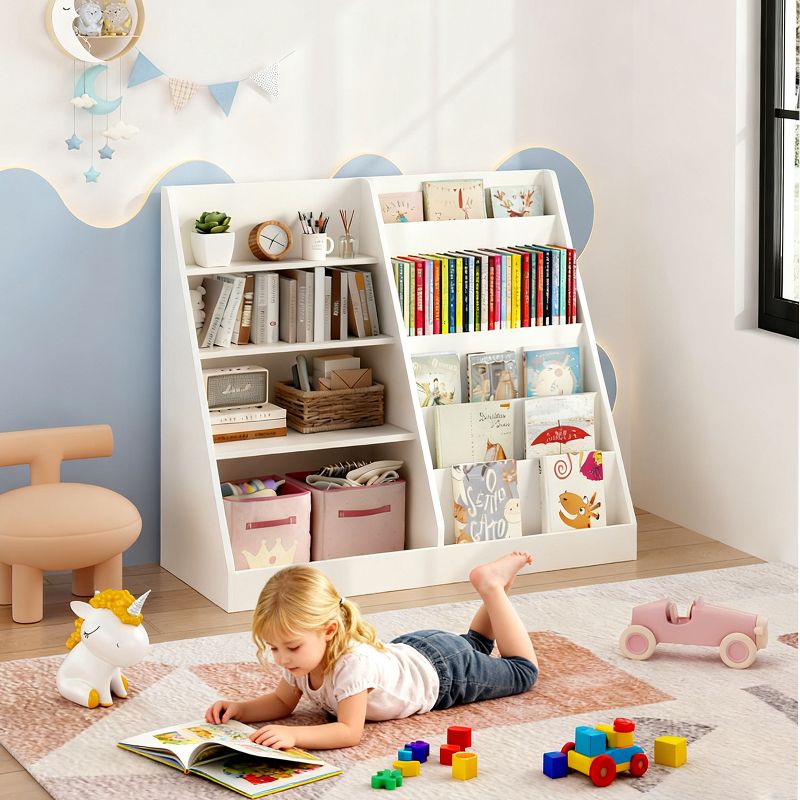 Kids Bookshelf and Toy Storage Organizer 4 Tier Wooden Book Shelf with Storage Bookcase for Kids Room Playroom Nursery