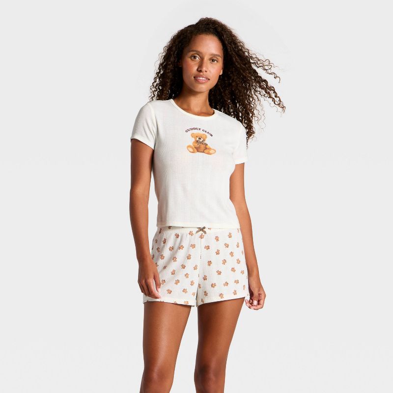 Women's Pointelle Short Sleeve Top and Shorts Pajama Set - Wild Fable™ Cream Bear L
