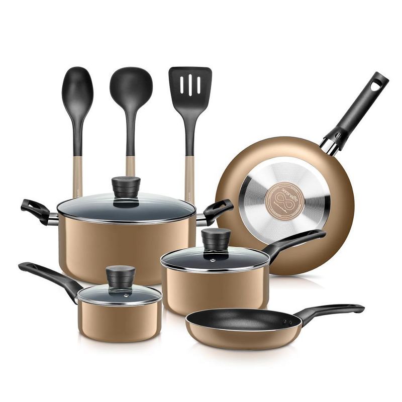 SereneLife 11 Piece Kitchenware Pots & Pans Set – Basic Kitchen Cookware, Black Non-Stick Coating Inside, Heat Resistant Lacquer (Gold)