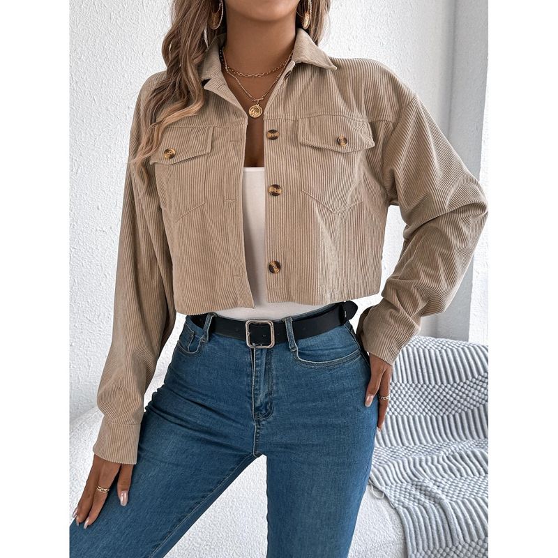 Womens Jackets Corduroy Cropped Button Front Pocket Notch Collar Jacket Khaki XL