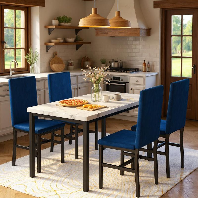 Hooseng Modern Style 5-Piece Dining Room Table And Chairs Set, Faux Marble MDF Table Top and Velvet Upholstered Chairs Dining Table Set for 4