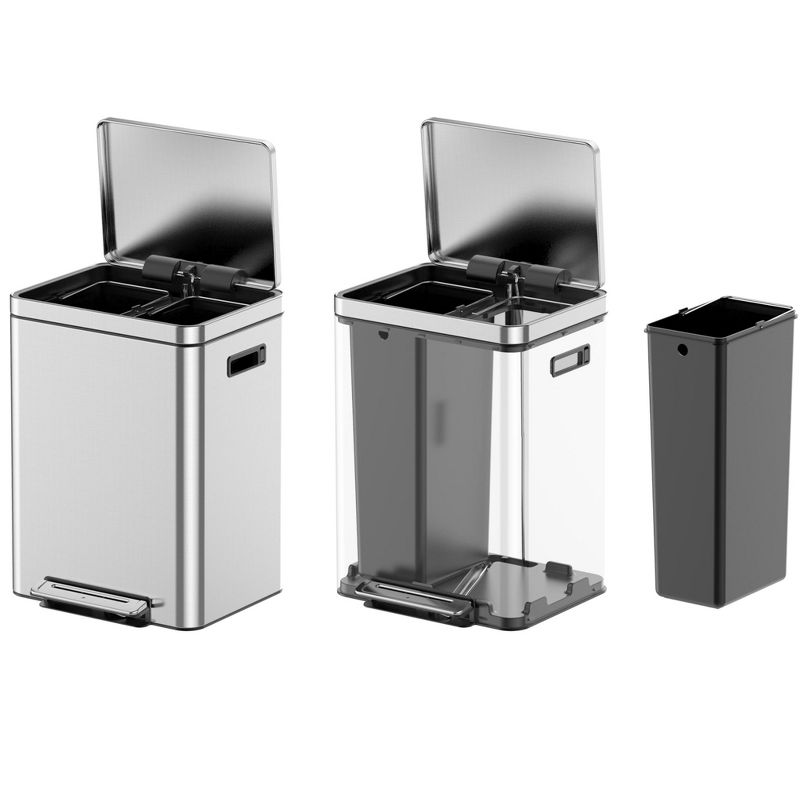 Orieon Dual Compartment Stainless Steel Trash Can with Soft-Close Lids, 5.3 Gallon ×2 Recycling & Waste Sorting Bin.