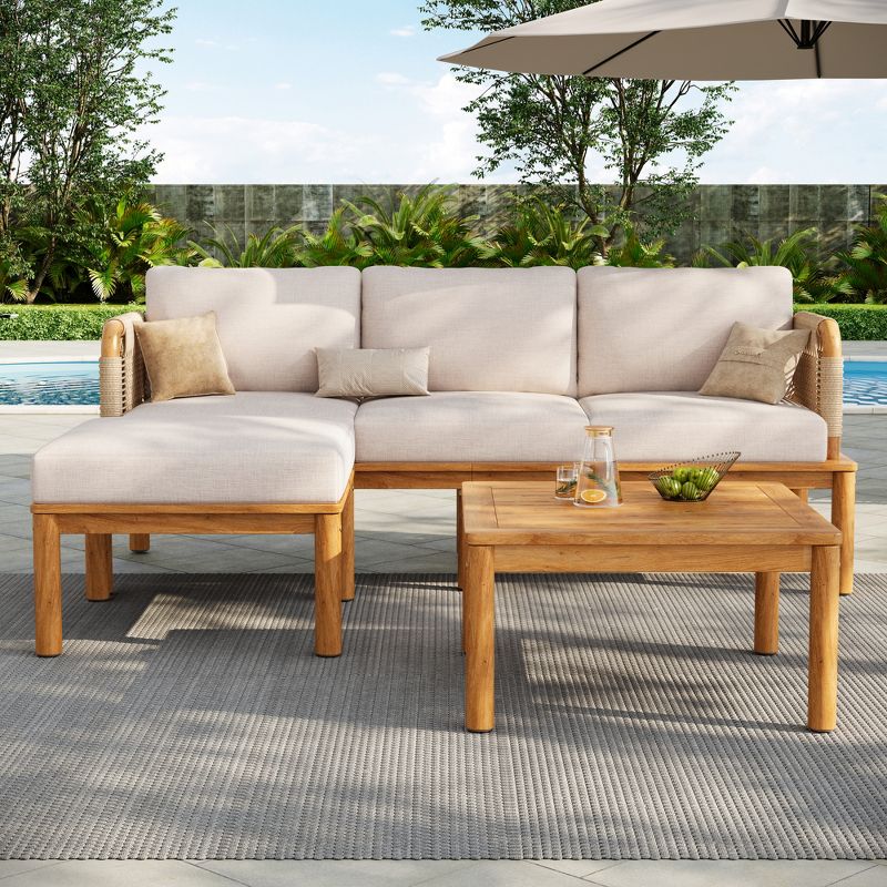 Christopher Knight Home Valencia Outdoor 3 Pieces Rustic Acacia Wood and Rope Weave Upholstered Seating Set, Teak/Beige
