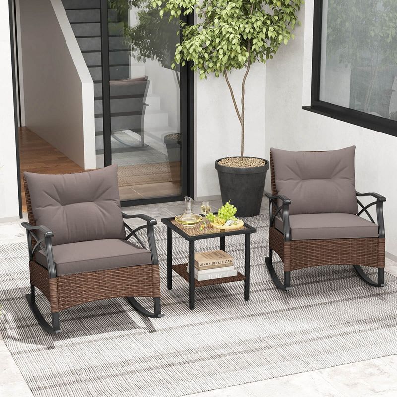 Costway 3 PCS Patio Rocker Set with 2-Tier Coffee Table & Soft Seat Back Cushions Outdoor