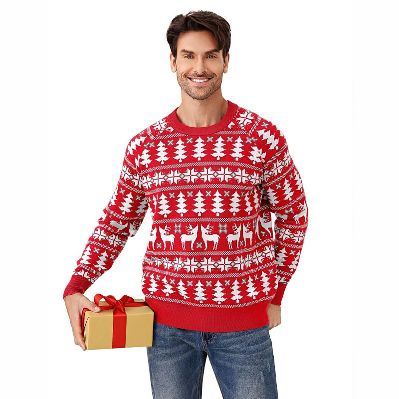 Coolmee Men's Christmas Sweater Ugly Knitted Xmas Sweaters Casual Crew Neck Reindeer Tree Pullover Knitwear Red S