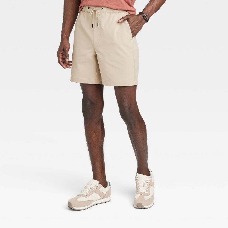 Men's 7" Tech Pull-On Shorts - Goodfellow & Co™ Light Taupe M: Recycled Polyester, Spandex, Mid Rise, 4-Way Stretch