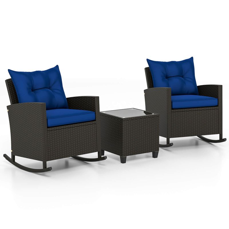 Costway 3 PCS Patio Wicker Rocking Set with Tempered Glass Table & Soft Cushions Outdoor Navy