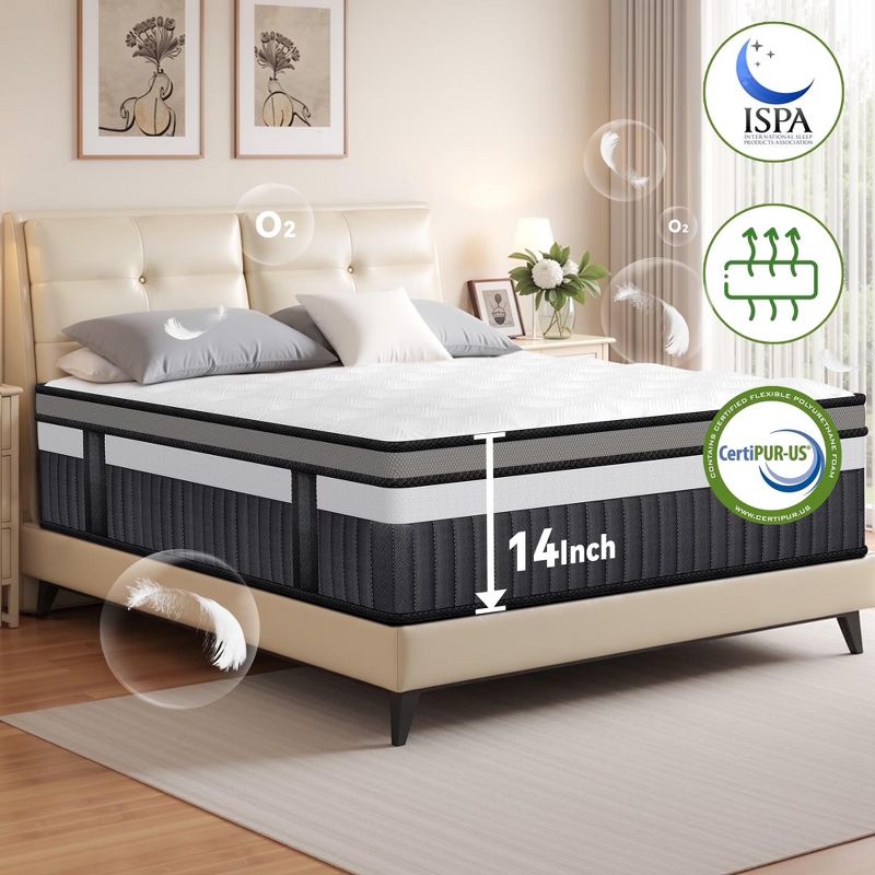 14" Queen Hybrid Mattress in a Box with Gel Memory Foam, Cooling Sleep, Medium Feel, Pressure Relief, Motion Isolation, CertiPUR-US Certified