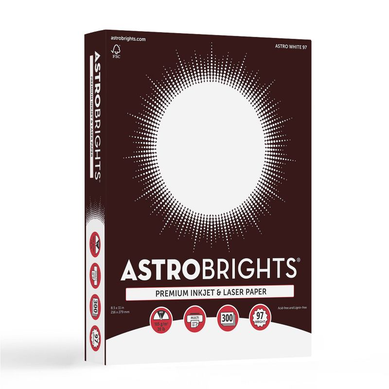 Astrobrights 8.5" x 11" Printer & Copy Paper, 300 Sheets, 28lb - Astro White: 97 Brightness, Uncoated, White Cardstock