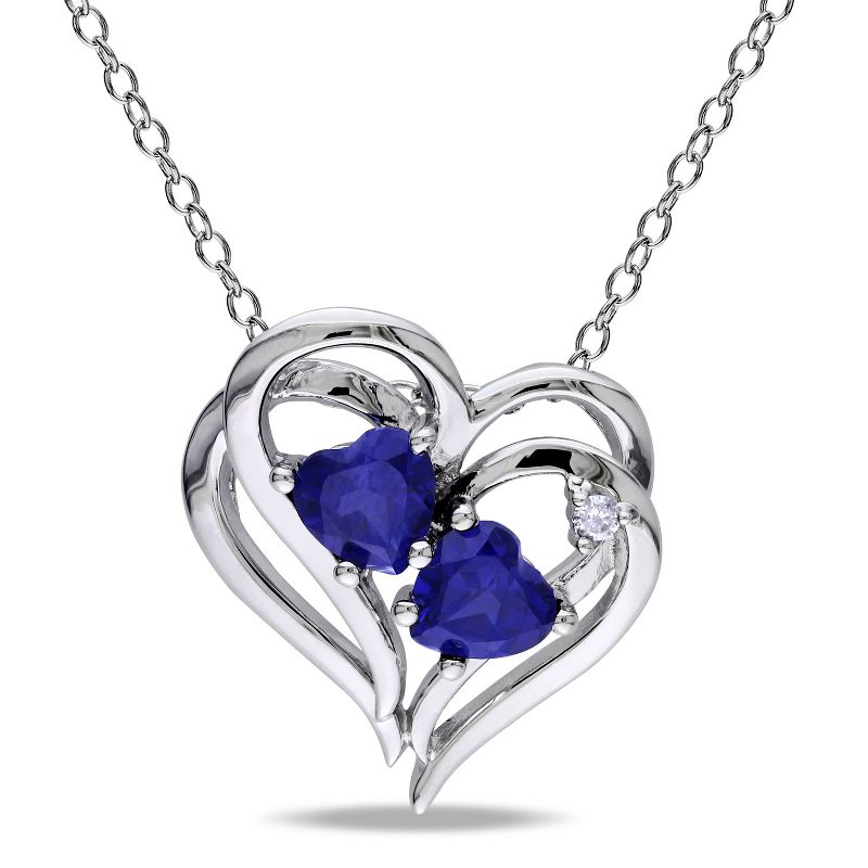 EVERLY JEWELRY | Sterling Silver 0.02 CT Diamond TW & 1 1/8 CT TGW Created Blue Sapphire Heart Pendant With Chain
