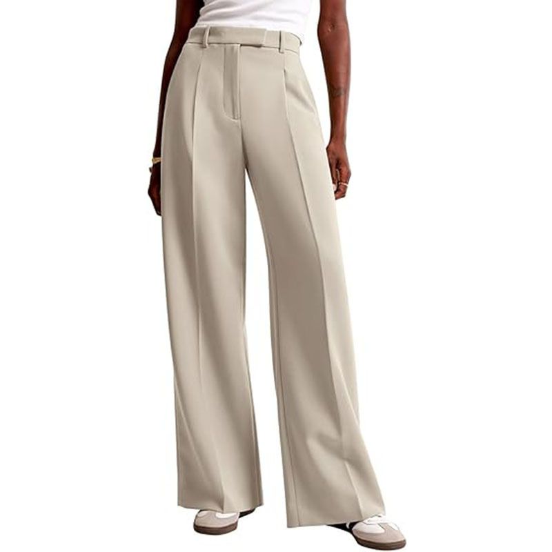 Clearlove Women's High Waisted Wide Leg Dress Pants Flowy Trousers with Elegant Drape Professional Office Pants Apricot L