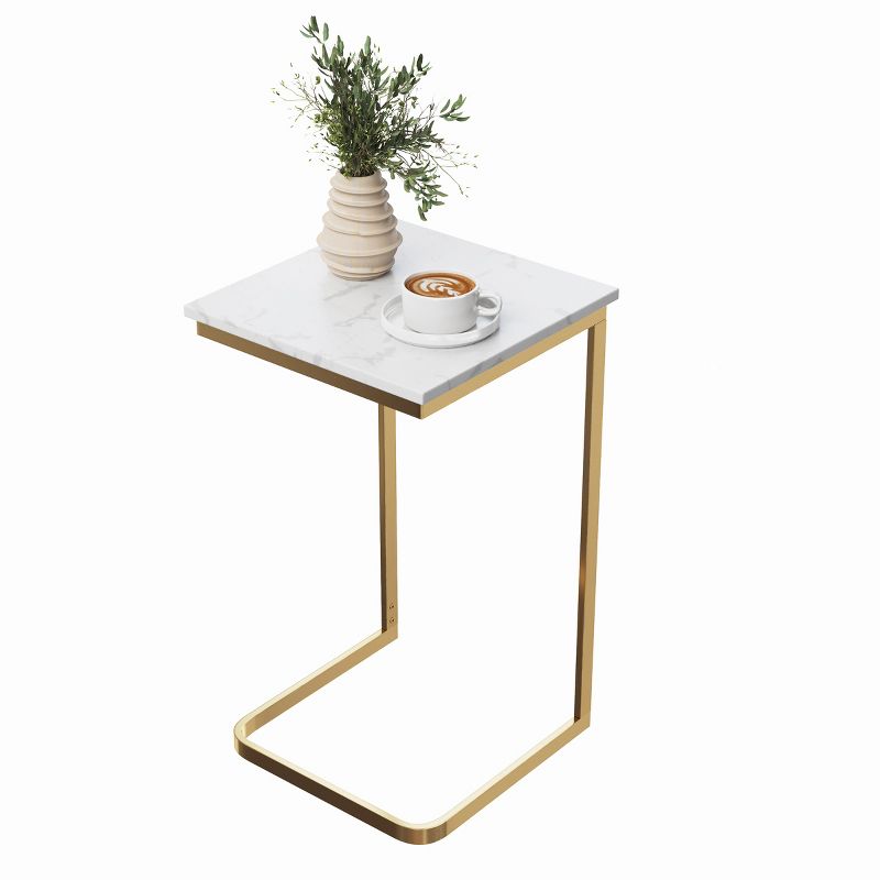 Lavish Home C-Shaped End Table - Real Marble Side Table with Gold Iron Frame for Couch, Loveseat or Bed - Modern Living Room Furniture, White