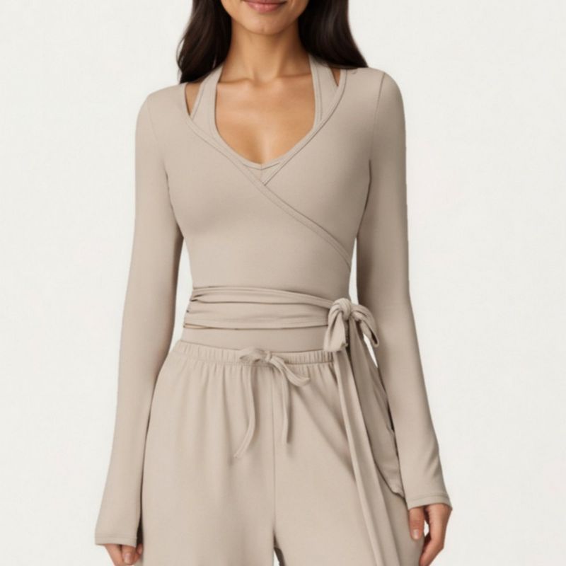 Anna-Kaci Active Women's V-Neck Belted Waist Layering Piece Outwear with Front Tie Detail - Medium, Light Beige