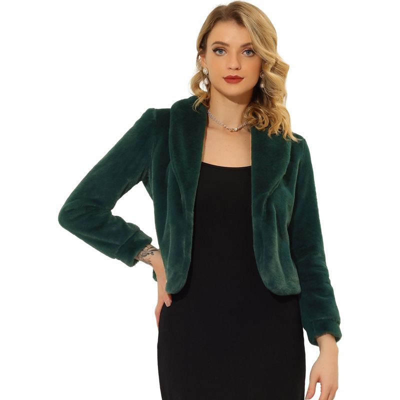 INSPIRE CHIC Women's Cropped Lapel Long Sleeve Fluffy Faux Fur Jackets Small Green