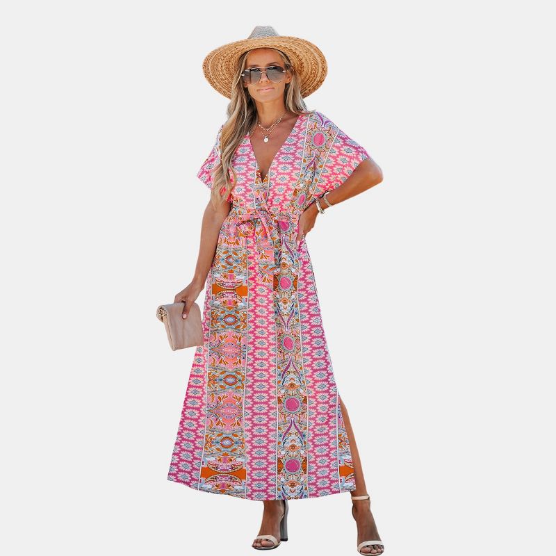 Women's Vibrant Boho Maxi Dress with Alluring Print - Cupshe-M-Pink