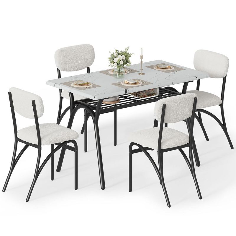 WhizMax Dining Table Set for 4, Rectangular Kitchen Table with 4 Boucle Chairs, Dining Table with Storage, White Table & Beige Chair