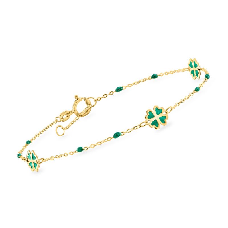 Ross-Simons Italian Green Enamel Clover Station Bracelet in 14kt Yellow Gold Size 7.5
