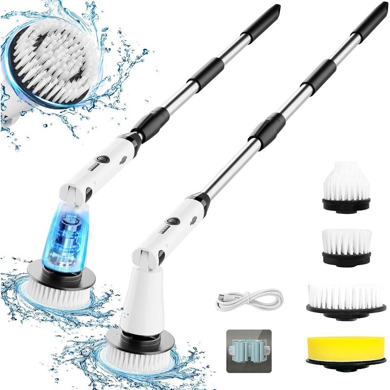 Swtroom Electric Spin Scrubber - Power Shower Cleaning Brush with Extendable Handle & 4 Brush Heads for Bathrooms Window and Floor White/Black