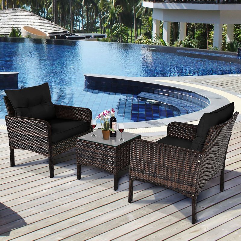 Costway 3PCS Outdoor Rattan Conversation Set Patio Garden Cushioned Sofa Chair Black