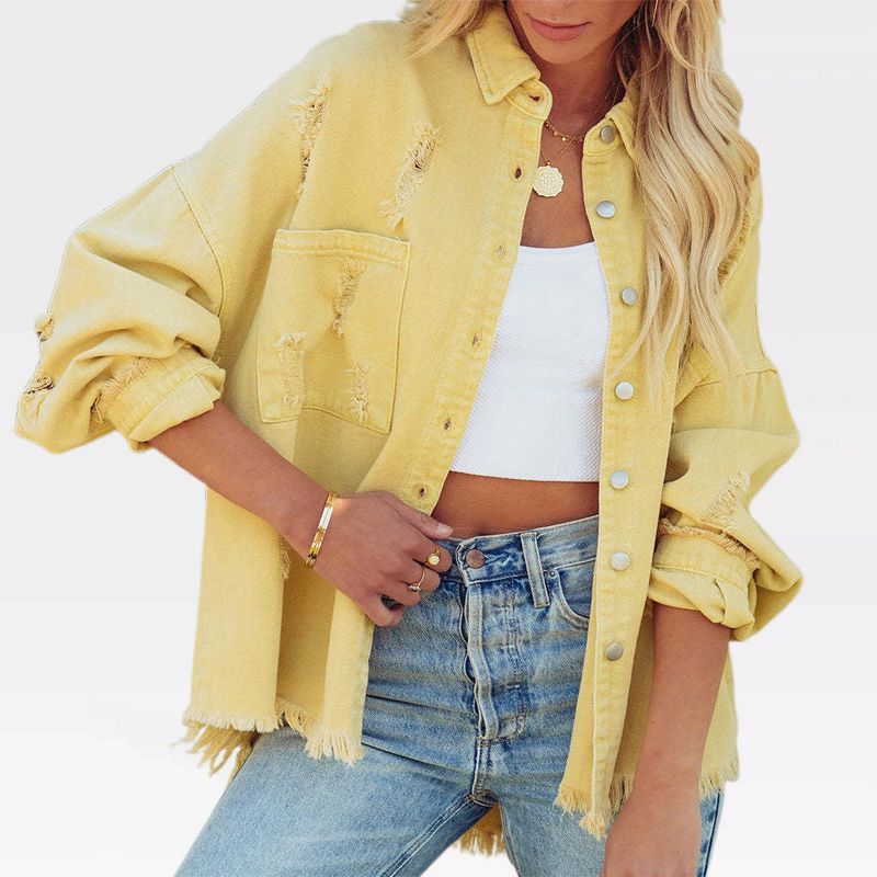 Womens Denim Jackets Frayed Jeans Shacket with Pockets Boxy Raw Hem Denim Short Jackets Ripped Denim Coats Fall Casual Jackets Button Down,Yellow - M