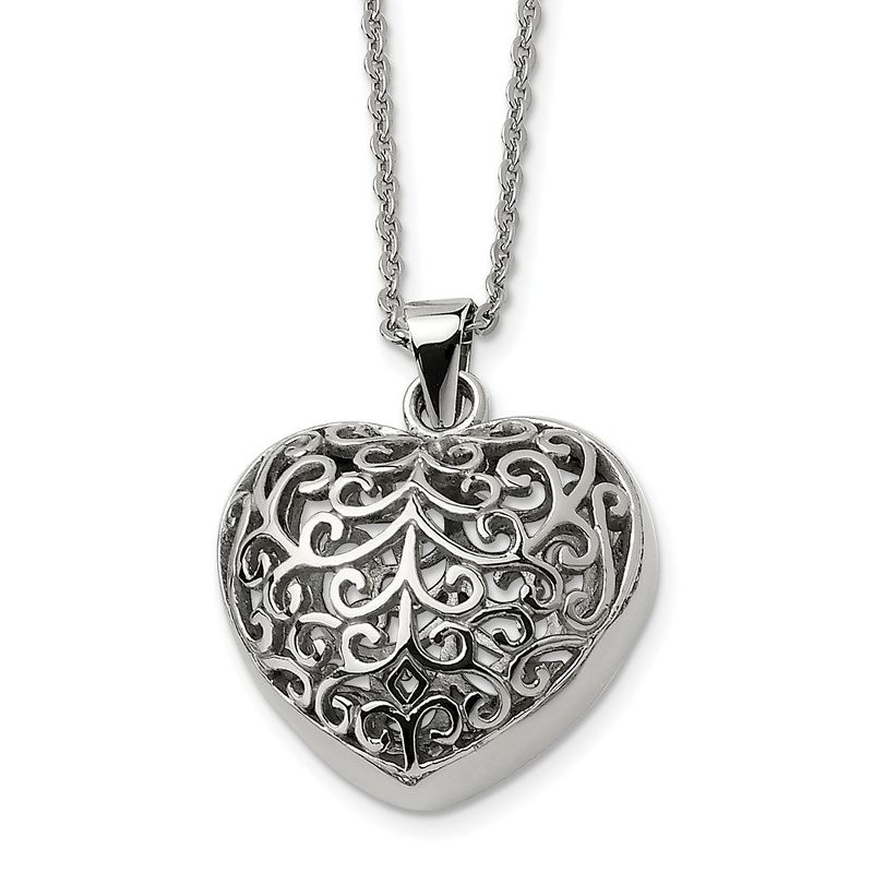 Black Bow Jewelry Stainless Steel Large Filigree Puffed Heart Necklace, 22 Inch