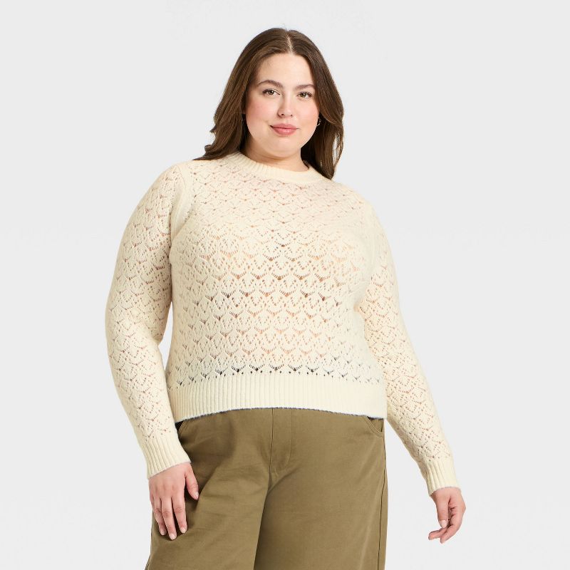Women's Long Sleeve Lace Crewneck Pullover Sweater - Universal Thread™ Cream 2X