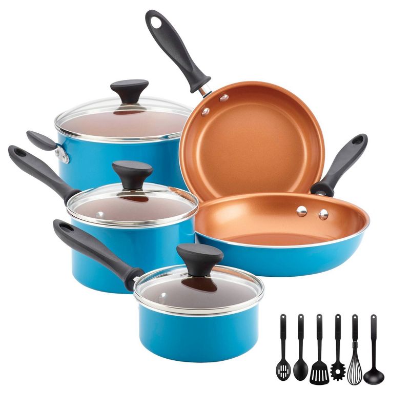 Farberware Reliance Pro 14pc Ceramic Nonstick Cookware Set with Prestige Tools Aqua: Gas & Electric Safe, Rust-Resistant
