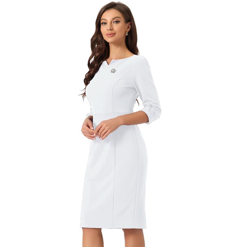 INSPIRE CHIC Women's 3/4 Sleeve Split Neck Wear to Work Business Sheath Dresses White Large