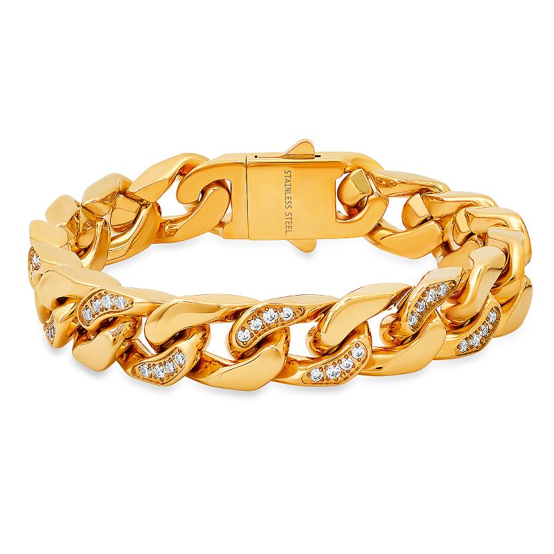 Steeltime Men's 18k gold plated stainless steel and simulated diamonds heavy miami cuban link chain bracelet. Color Options: Silver, Gold
