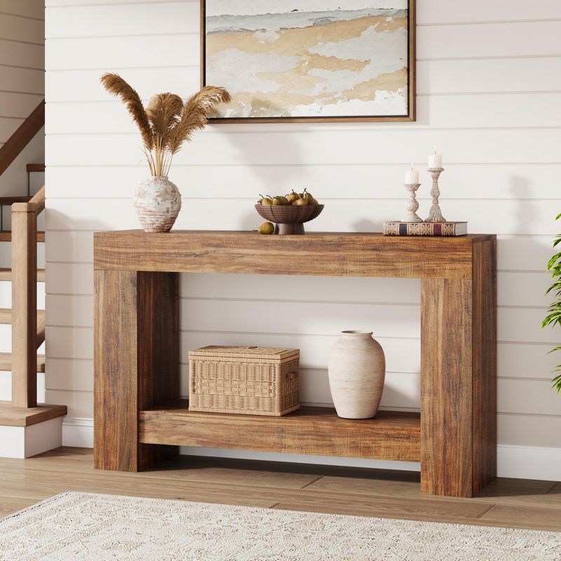 Farmhouse 2-Tier Console Table with Storage, 63" Rustic Wood Sofa & Entryway Table for Living Room & Hallway, Flame Pattern