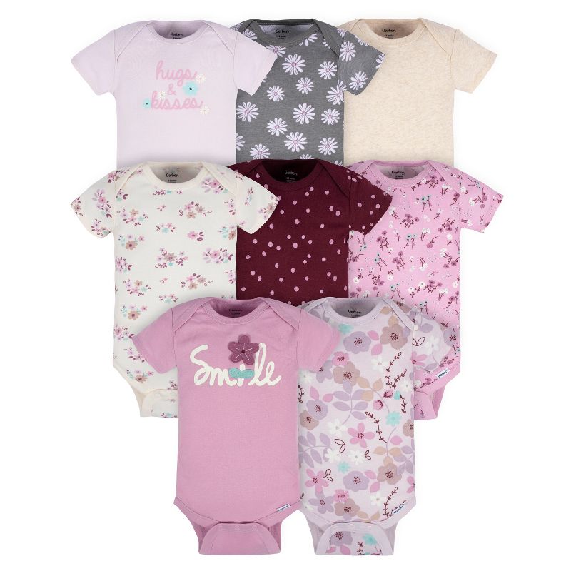 Gerber Baby Girls' Short Sleeve Onesies Bodysuits, 8-pack, Lavender Garden, 0-3 Months