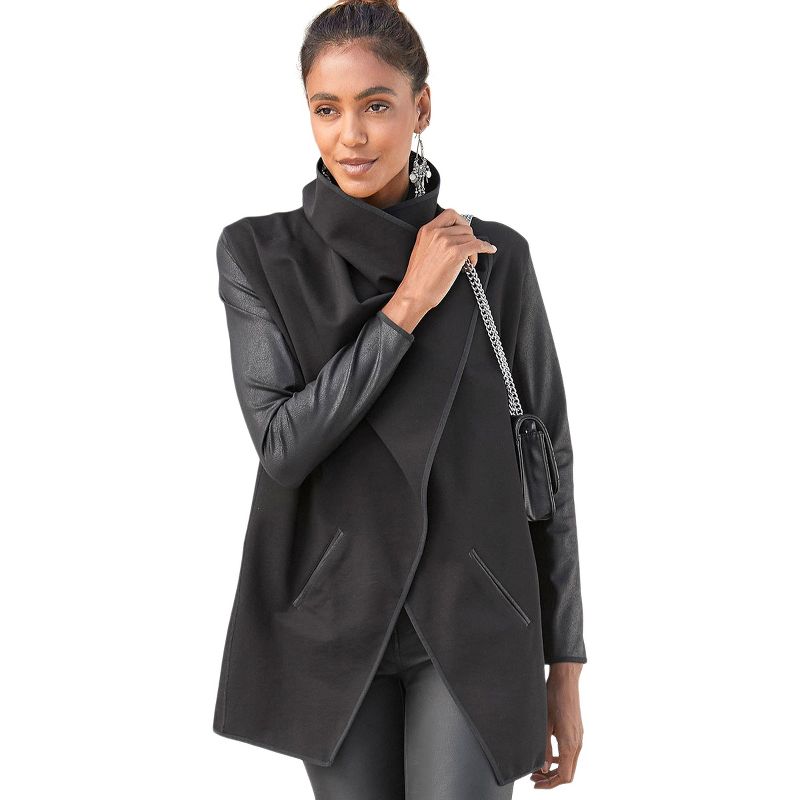 Women's Leather Sleeve Jacket - LASCANA - Black Solid 2